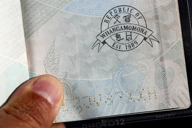 A side look at a stamp in the passport of the Republic of Whangamomona, Whangamomona, New Zealand