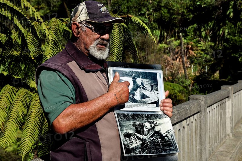 Man showing a book at the bridge in the thick forest on the Whanganui River, Whanganui River, Manawatu-Wanganui, New Zealand