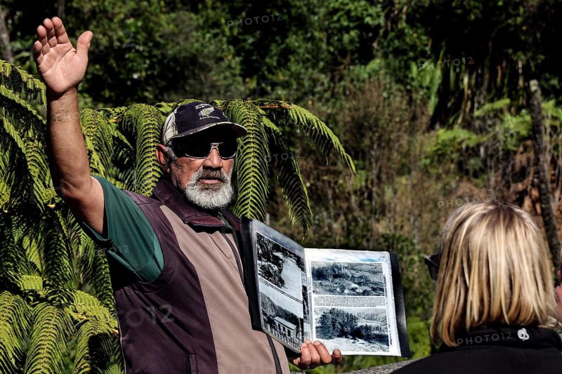 Tour guide points to surroundings surrounded by nature and holds a book, Whanganui River, New Zealand
