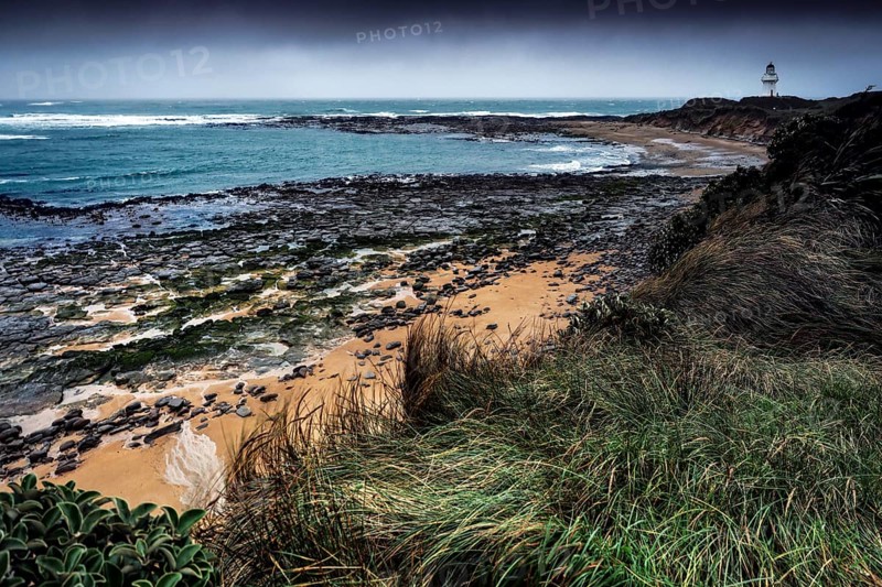 Coastal landscape at Waipapa Point with lighthouse and wave-swept beach, Waipapa Point, Southland, New Zealand