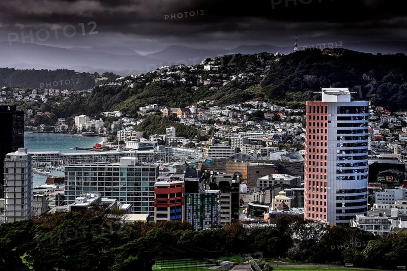View of Wellington skyline and hills from the cable car, Wellington, New Zealand