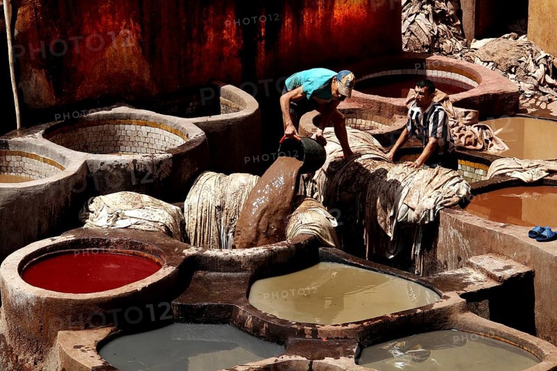 Two workers work leather in the traditional paint tanks of the tanneries of Fez, Fez, el-Bali, Chouwara, Morocco