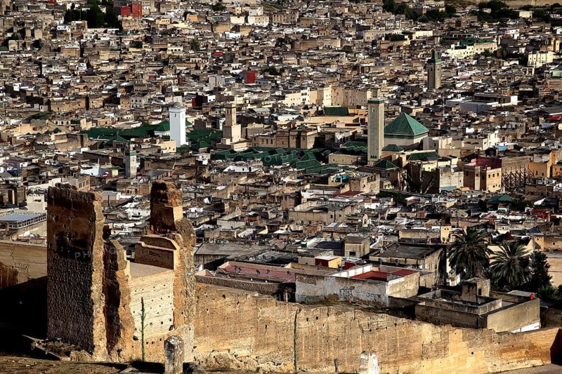 View from the merinid tombs over Fez with visible city walls, Fez, Fez el Bali, Morocco
