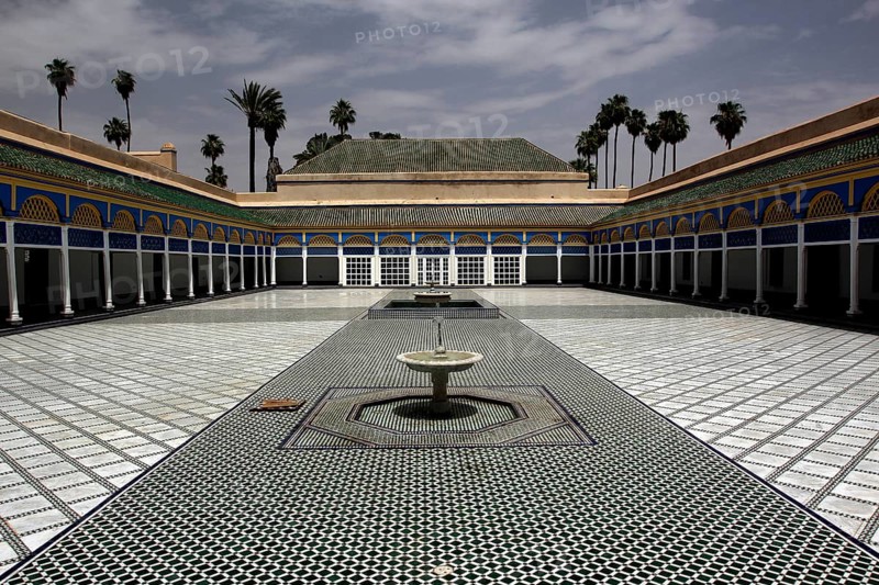 Magnificent courtyard of the Bahia Palace with ornate mosaic floor, Marrakech, Marrakesh-Safi, Morocco
