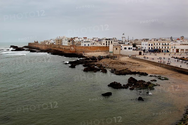 View of the coast and city walls of the old town of Essaouira, Essaouira, Morocco