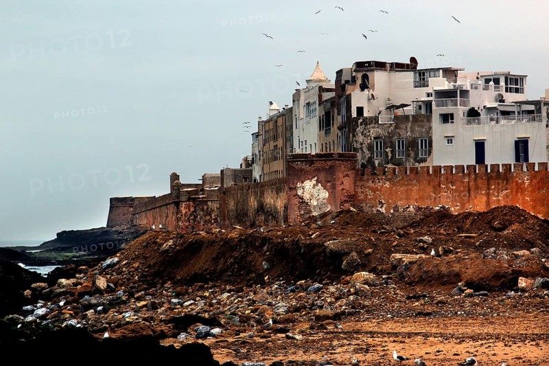Impressive city walls of Essaouira on the rocky coast, Essaouira, Morocco