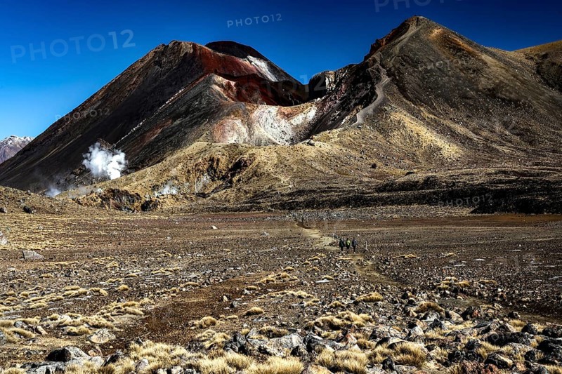 Rugged volcanic landscape of the Tongariro Alpine Crossing with two distinctive peaks, Tongariro National Park, Manawatu-Wanganui, New Zealand