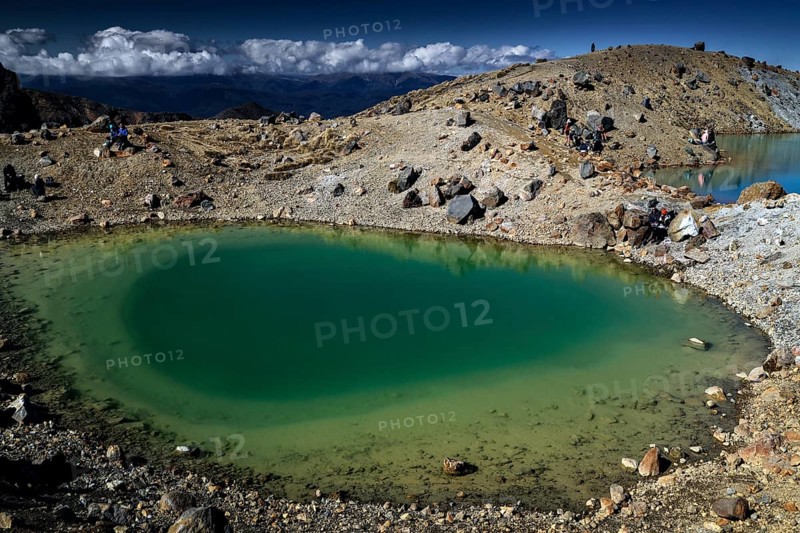The Emerald Lakes glow turquoise green in a harsh, rocky environment, Tongariro National Park, New Zealand