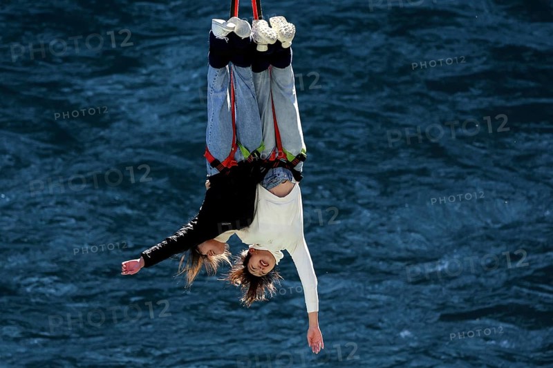 Double bungee jump from Kawarau Bridge across the blue water in Queenstown, Queenstown, New Zealand