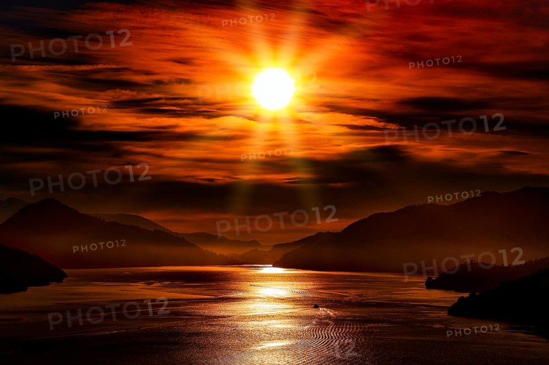 Sunrise bathes Mahau Sound in a red glow, Mahau Sound, Marlborough, New Zealand