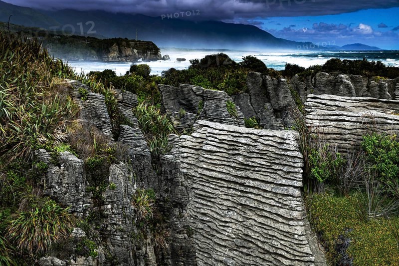 Panoramic view of Pancake Rocks with lush vegetation, Punakaiki, West Coast, New Zealand