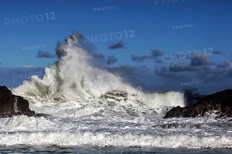 Impressive waves crash on the coast of Piha Beach, Piha Beach, region, New Zealand