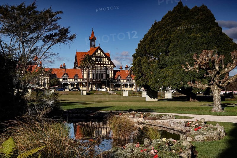 The Bath House in Government Gardens, surrounded by nature, Rotorua, Bay of Plenty, New Zealand