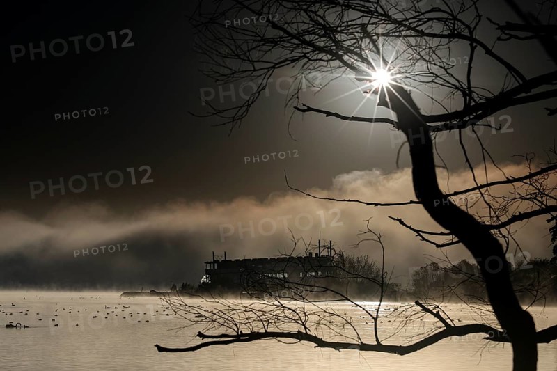 Mystical morning on Lake Rotorua with steamboat and sunrise, Rotorua, Bay of Plenty, New Zealand