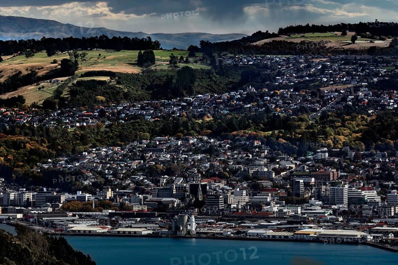 Panorama of Dunedin with densely built urban landscape and surrounding hills, Dunedin, Otago, New Zealand