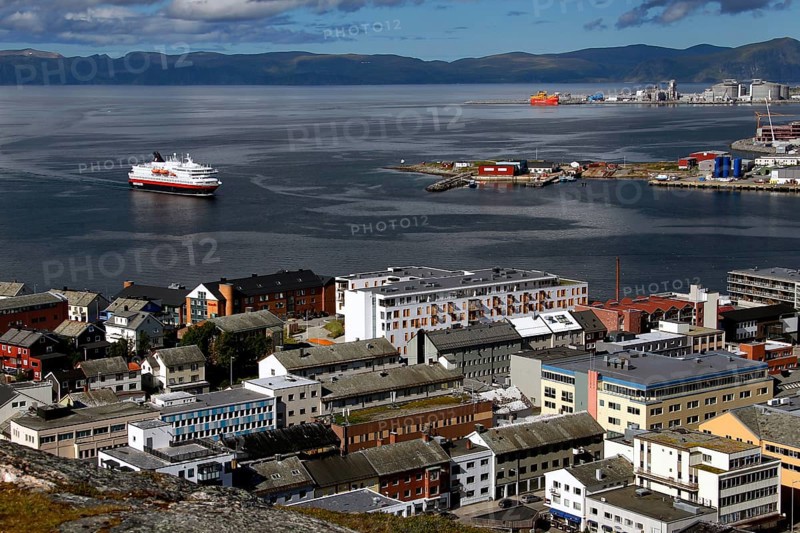 Hurtigruten ship approaches Hammerfest harbour, Hammerfest, Finnmark, Norway