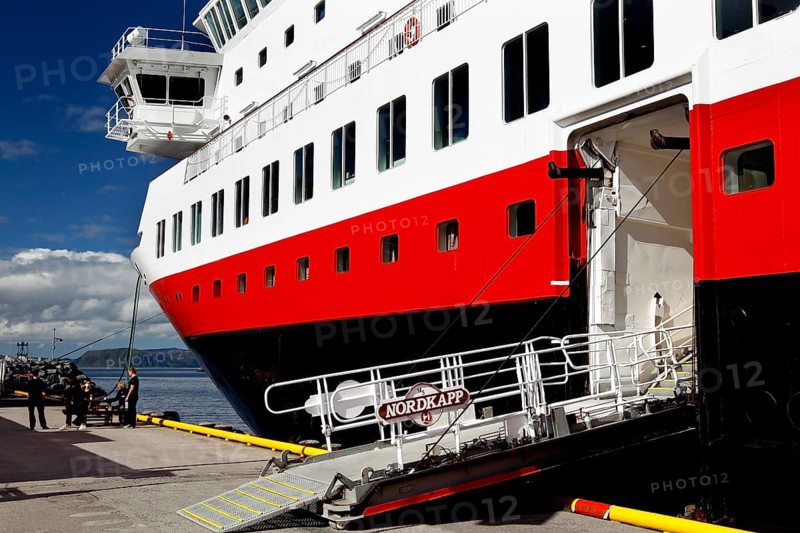 Landing area in Hammerfest with an imposing Hurtigruten ship and open gangway, Hammerfest, Norway
