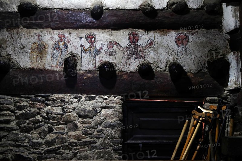 Interior view with old frescoes in the historic monastery church, Debre Damo, Tigray, Ethiopia