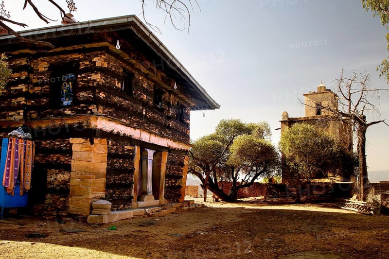 Historic monastery church surrounded by trees and sunlight, Debre Damo, Tigray, Ethiopia