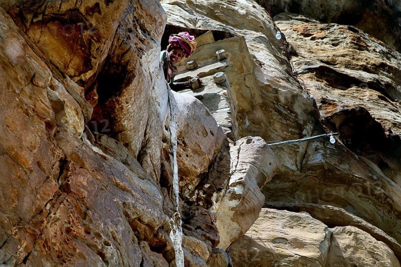 Entrance to Debre Damo monastery climbed over rock face and rope, Debre Damo, Tigray, Ethiopia