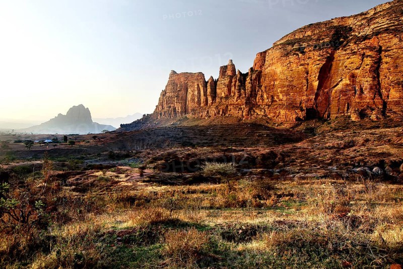 Wide rocky landscape of the Gheralta Mountains at sunrise or sunset, zero