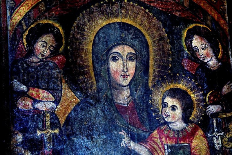 Wall painting in Debre Berhan Selassie depicting Madonna and Child surrounded by angels