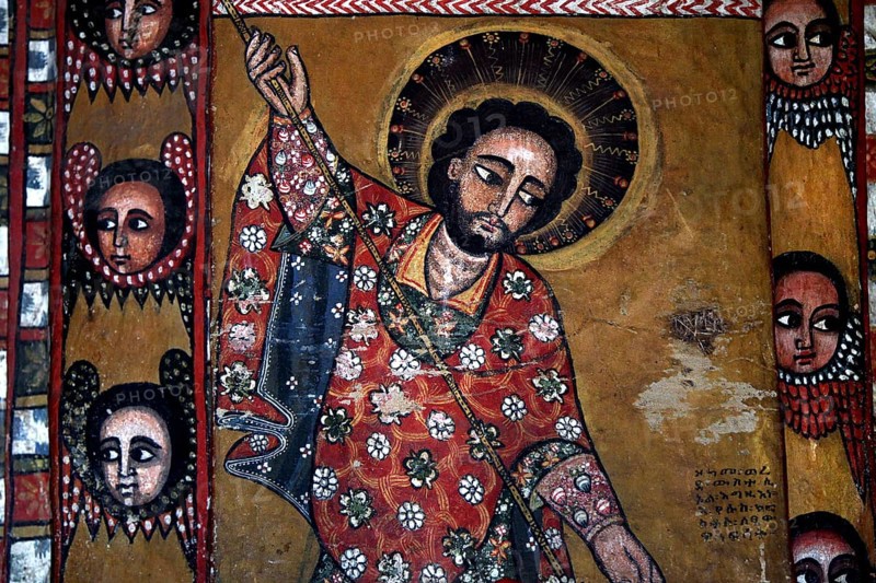Wall painting in Debre Berhan Selassie depicting Christ with a halo and colorful robe