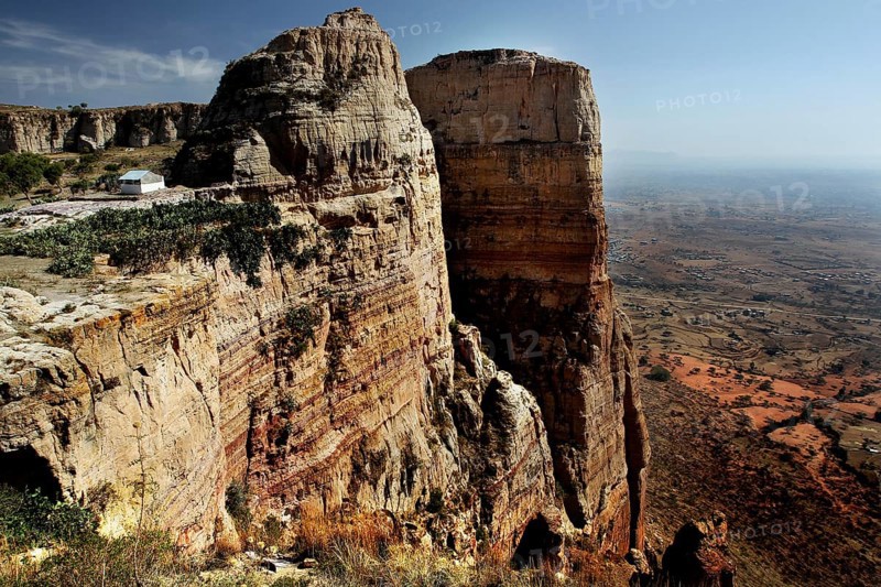 Massive rock walls near the monastery in the Gheralta region with a wide panorama, zero