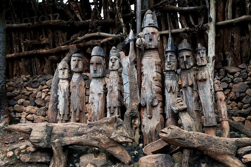 Detailed wooden figures in Konso village showing rich traditions, Konso, Ethiopia