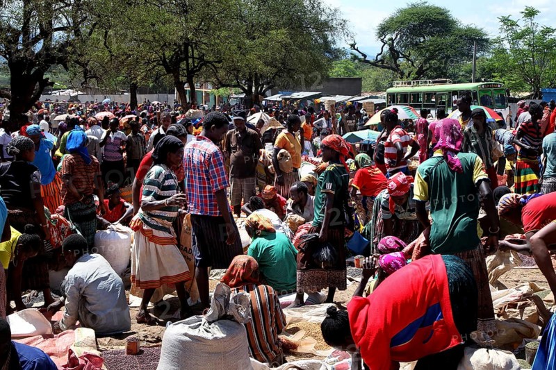Busy market in Konso with lots of people and goods in vivid colors, Konso, region, Ethiopia