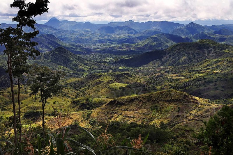 Wide view of a hilly landscape with thick forests and deep valleys in Konso, Konso, region, Ethiopia
