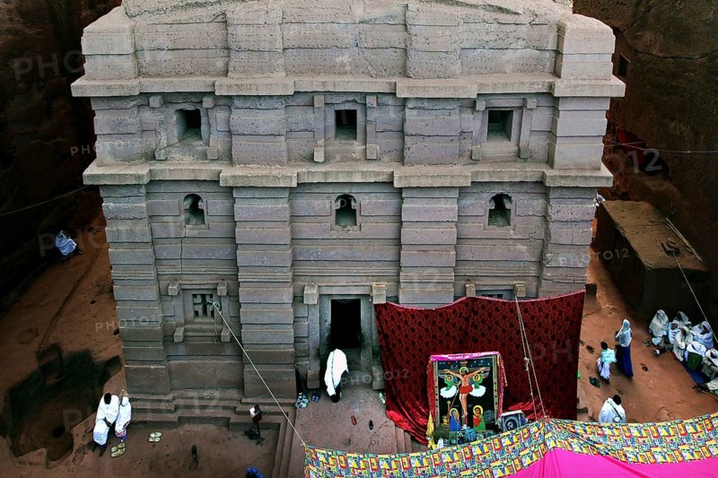The rock church of Bete Emanuel with intricately carved details and religious symbols, Lalibela, Amhara, Ethiopia