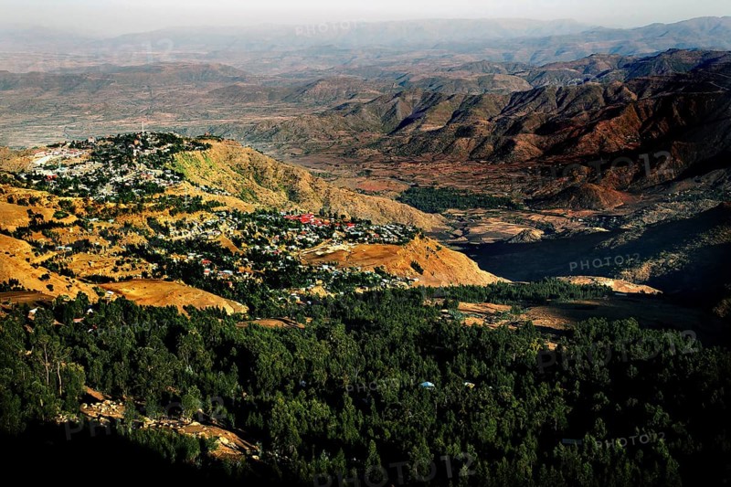 Extensive view of the green hills and valleys of the Lasta Mountains, Lalibela, Amhara, Ethiopia