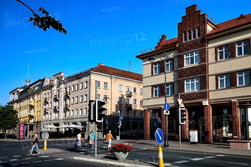 Bustling street scene with historic buildings in Klaipeda New Town, Klaipeda, Klaipeda County, Lithuania