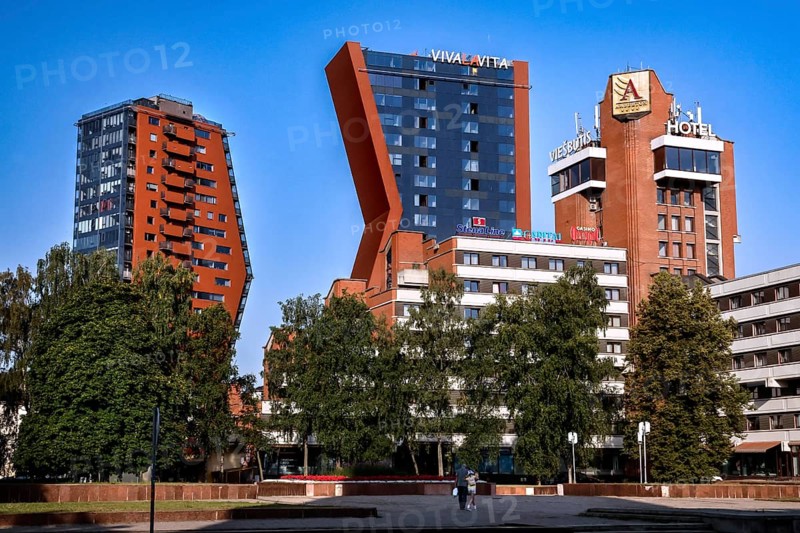 Modern skyscrapers with asymmetrical design in Klaipeda New Town, Klaipeda, Klaipeda County, Lithuania