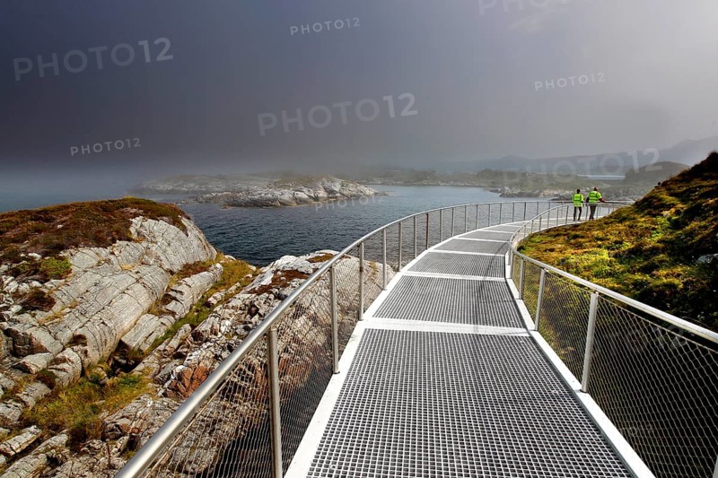 Eldhusøya viewpoint along Atlanterhavsveien with sea views and dramatic clouds, Lauvøyford, Møre og Romsdal, Norway