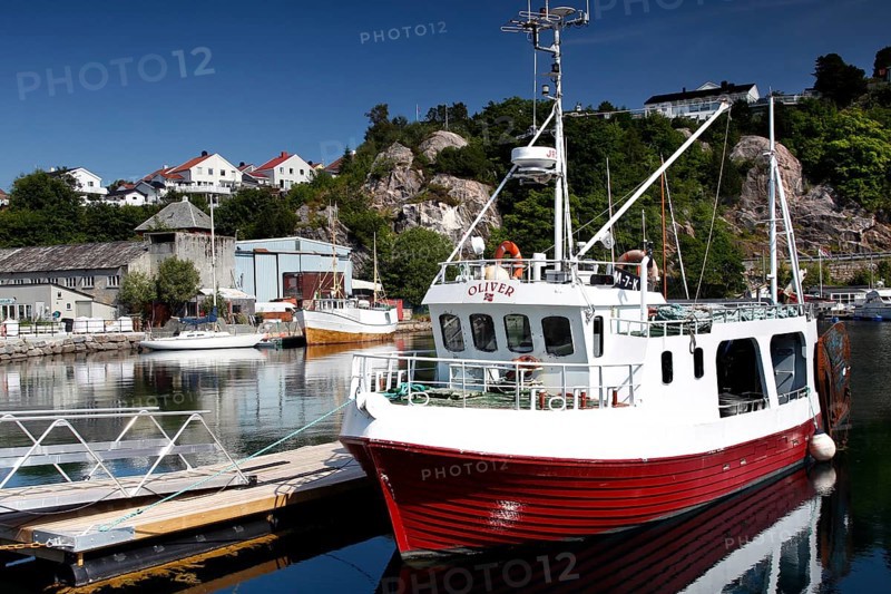 View from Kirkelandet marina on Gomalandet with fishing boat and houses in the background, Kristiansund, Møre og Romsdal, Norway