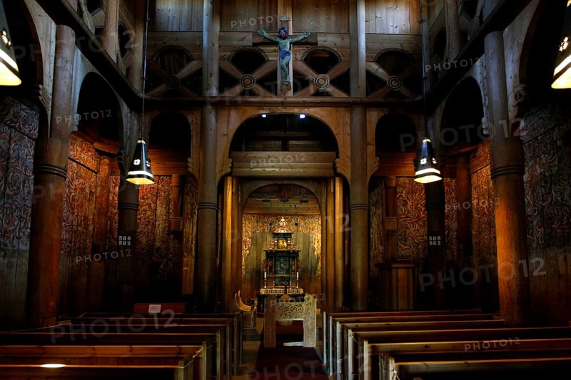 Interior view of Heddal Stave Church with impressive wooden structures, Heddal, Notodden, Norway