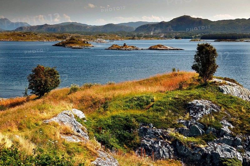 Geitøya archipelago island along Atlanterhavsveien with views of grasslands and the sea, Lauvøyford, Møre og Romsdal, Norway
