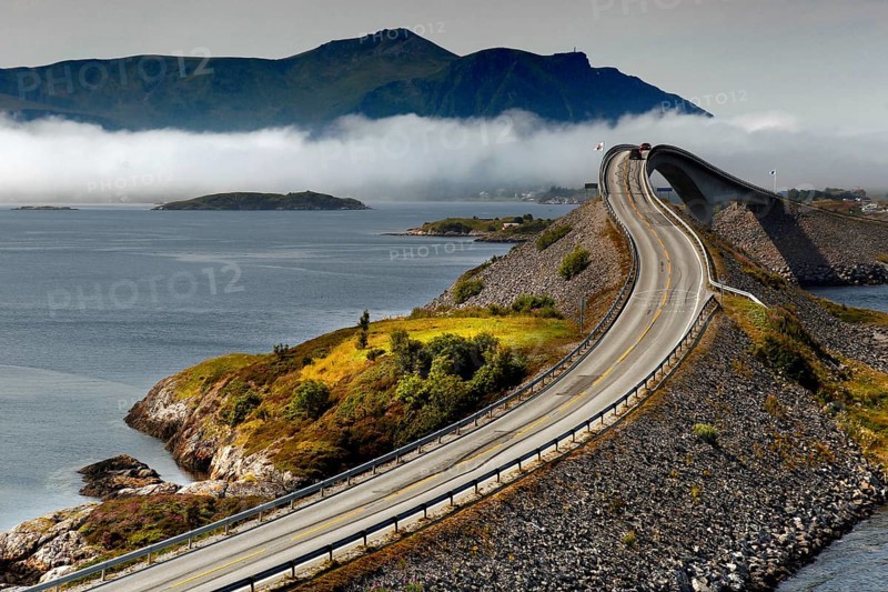 Storseisund Bridge on the Atlantic Road, an elegant curved road connection across the sea, Storseisundbrua, Møre og Romsdal, Norway
