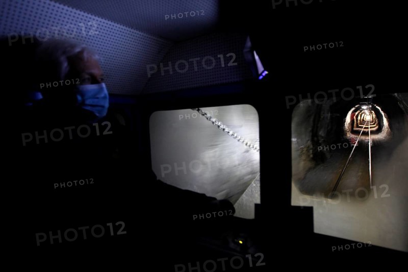 Darkly lit interior of the Gaustabanen cable car, mystical atmosphere, zero