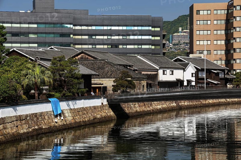 Historic and modern waterfront architecture in Dejima, the former Dutch trading base, Nagasaki, Kyushu, Japan