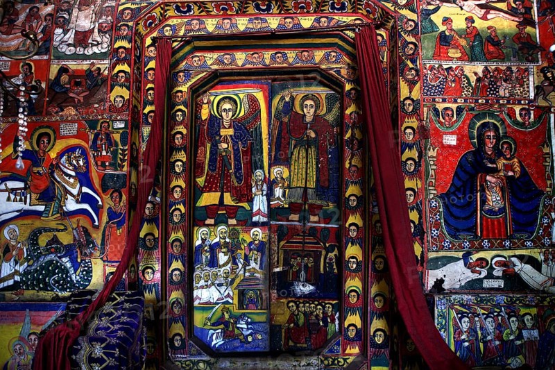 Detailed wall paintings depicting religious scenes and icons, Lake Tana, Ura Kidhane Mihret, Ethiopia
