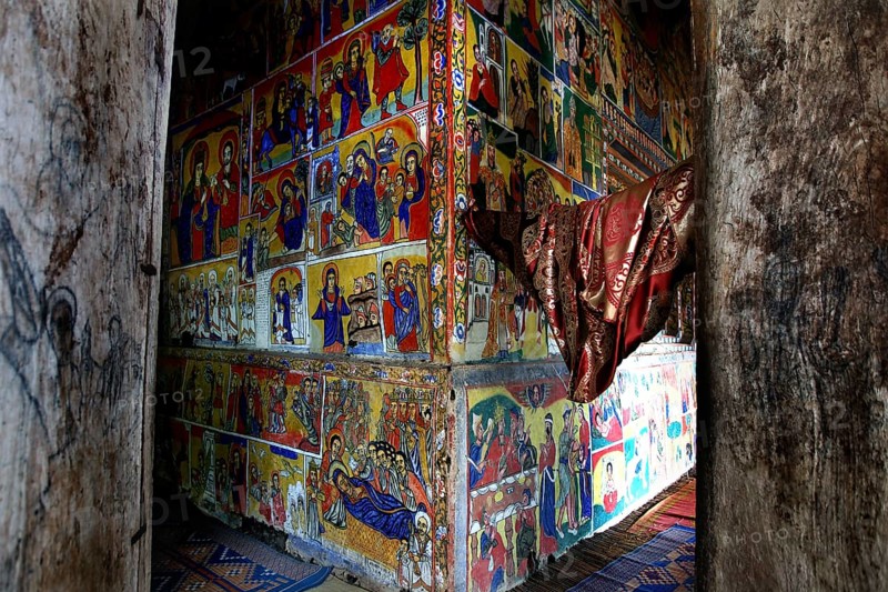 Detailed wall paintings inside by Ura Kidhane Mihret on Lake Tana, zero