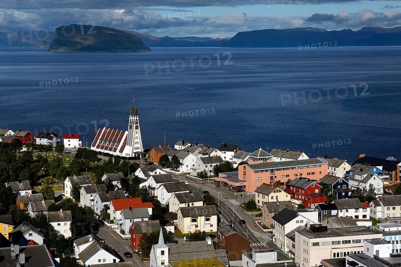 City of Hammerfest with views of the sea and surrounding mountains, Hammerfest, Norway