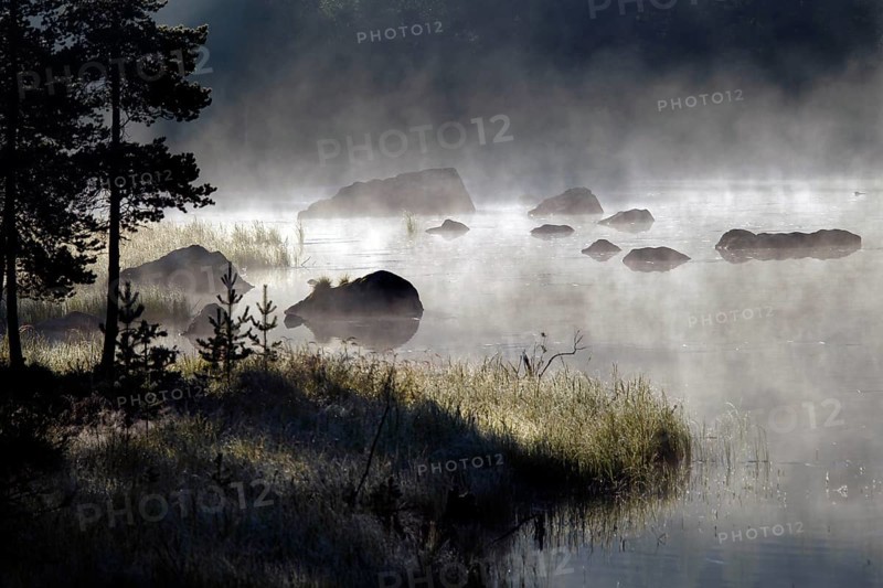 Misty lake landscape in Lapland surrounded by stones and trees, Lapland, Finland