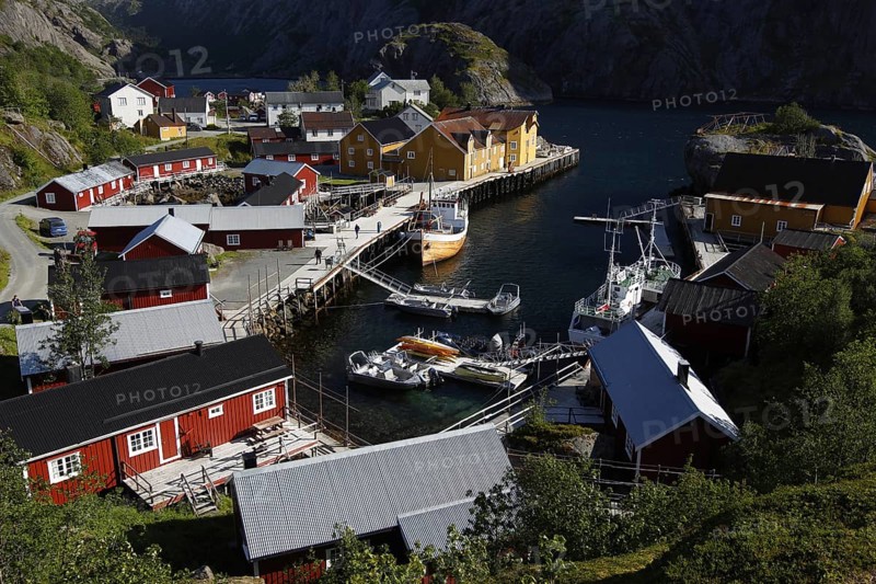 Overview of Nusfjord village with boats and houses, Nusfjord, Flakstadøy, Norway