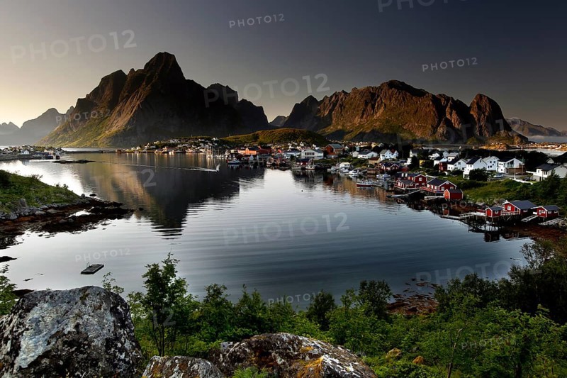 Scenic view of Hamnøay and Reine with mountainous backdrop, Reine, Moskenesøy, Norway