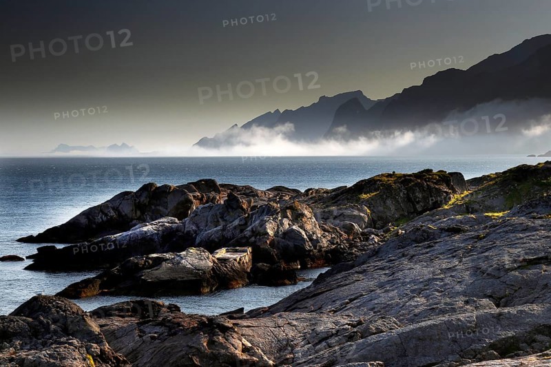 Rough coastal landscape in fog in Vestvågøy, Neslandsveien, Vestvågøy, Lofoten