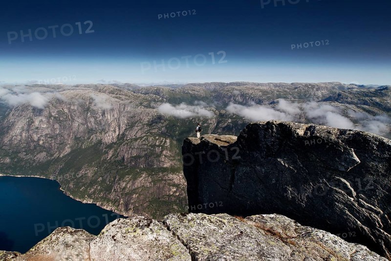 Panoramic view of Lysefjord from an elevated point on the Kjerag Plateau, Lysefjord, Rogaland, Norway
